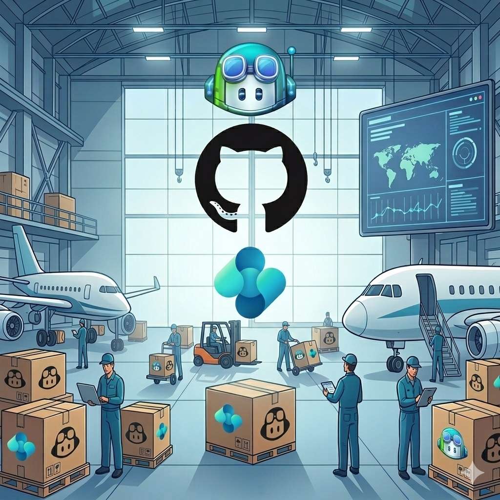 Hangar scene with Business Central, GitHub, OpenAI, and Copilot visual elements